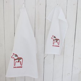 vit kökstextil med svensk design dalahäst
